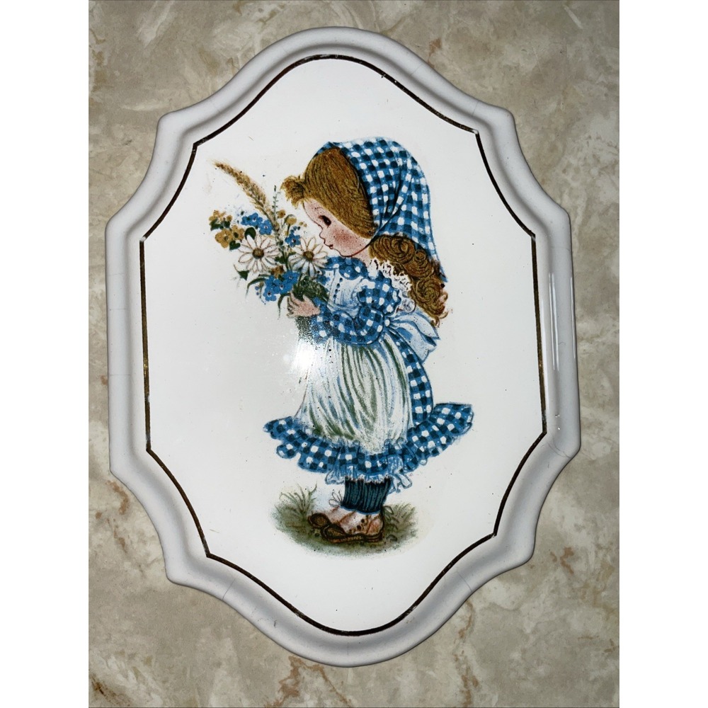 Vintage 1970s Pictorial Plaque Girl Bonnet Simple Bouquet Gingham